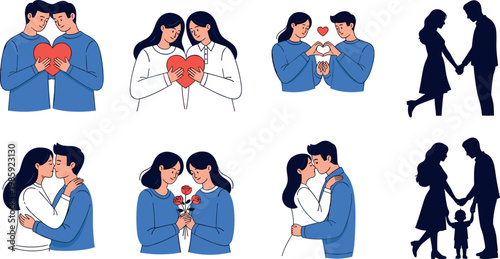 Romantic couples vector collection with love gestures hugging kissing silhouettes and relationship illustration set