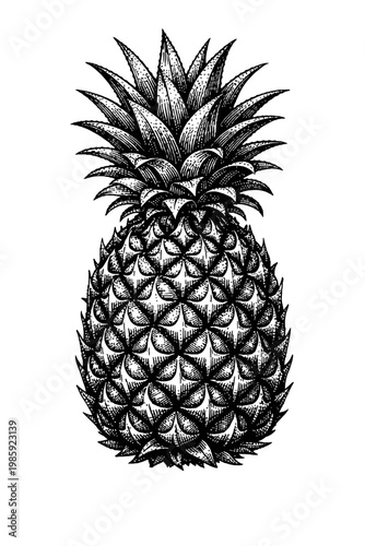 A detailed black and white illustration of a pineapple with a spiky exterior and leafy top on a plain background