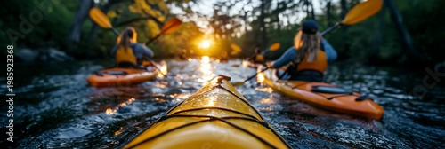 Yellow kayak close-up with paddlers on lake at sunset