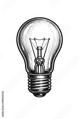 Black and white illustration of a classic incandescent light bulb with detailed filament and base structure
