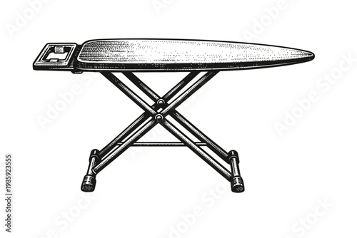 Vintage-style illustration of a classic ironing board with metal frame and folding legs, isolated on white background
