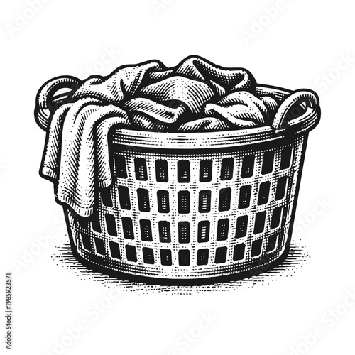 A black and white illustration of a laundry basket filled with clothes on a white background