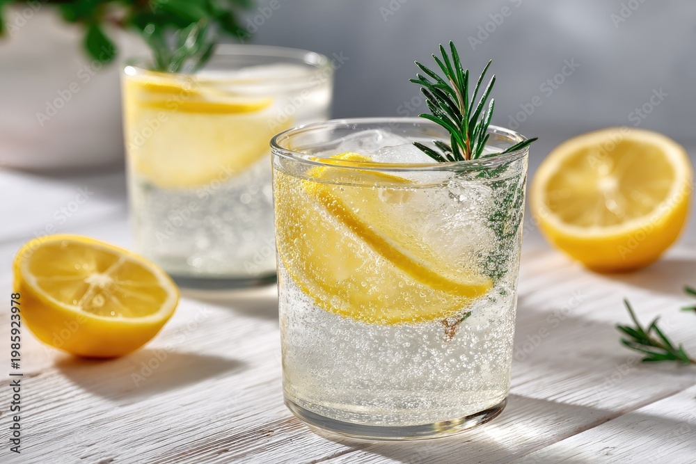 Fototapeta premium Refreshing lemon cocktails with rosemary garnishes on a rustic table