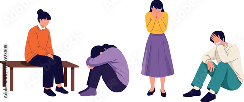 Sad people vector illustration set with depression anxiety loneliness emotional stress and mental health concept collection