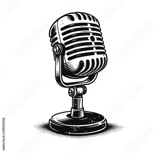 Vintage microphone on stand isolated on white background, black and white illustration of a classic dynamic microphone