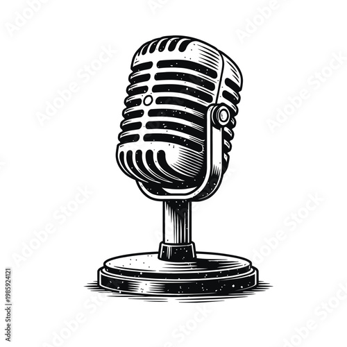 Vintage microphone on stand, classic dynamic mic for recording and broadcasting, professional audio equipment