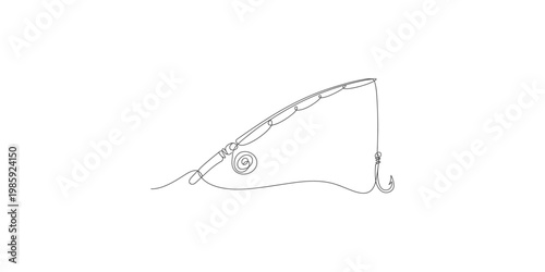 A line drawing of a fishing rod and reel with a hook on a white background