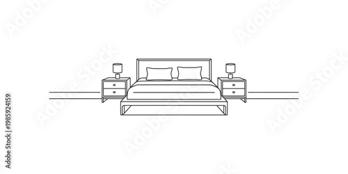A line drawing of a bed with two nightstands and lamps on either side in a simple minimalist style
