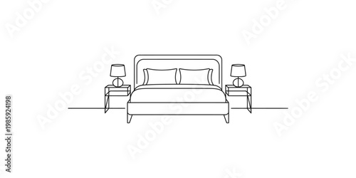 Line drawing of a modern bed with two nightstands and lamps on either side isolated on white background