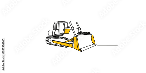A yellow and white line drawing of a bulldozer on a white background with black lines
