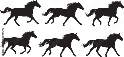 Running Horse Silhouettes Set Collection of Galloping Horses Wildlife Animal Motion Vector Illustration Isolated on White Background