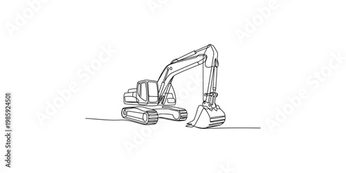 A line drawing of an excavator with a long arm and bucket on white background