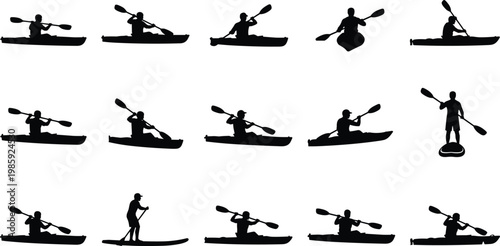 Black silhouette kayaking and paddleboarding collection, water sports activity illustration, outdoor adventure concept, paddling motion design, recreation vector art set