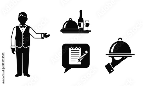 Waiter with food service icons.