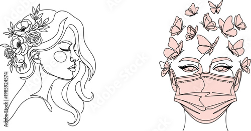 Set of Minimalist Woman Portraits in One Line Art Style with Flowers and Butterflies for Beauty, Skincare, Fashion, and Wellness Graphic Design Projects