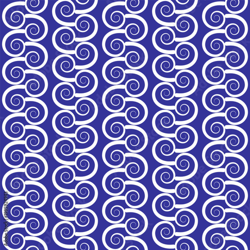 Seamless pattern with white spirals on blue background. Art Deco style ornament. Vector illustration.
