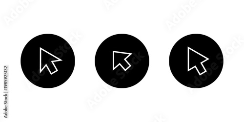 Mouse cursor outline icon in black circle. Pointer arrow symbol
