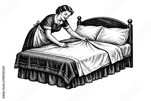 Vintage illustration of a woman making a bed with a fitted sheet and pillowcases in a classic bedroom setting with a wooden headboard