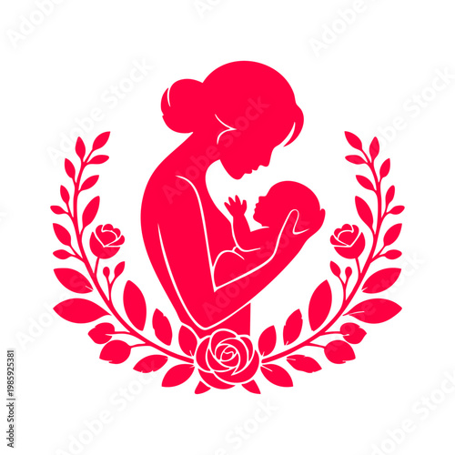 Pink silhouette of mother and baby with laurel leaf frame, Nurturing motherhood concept with rose flowers and child icon, Mother holding newborn baby in floral rose wreath silhouette, Mother's Day vec