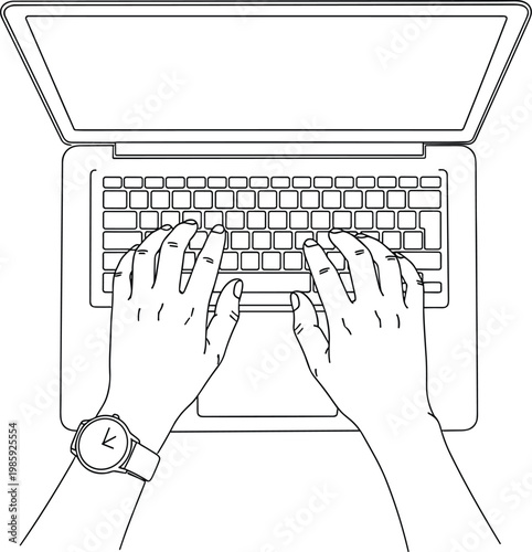 Top View Line Art Illustration of Hands Typing on Laptop Keyboard for Business Technology, Remote Work, Freelance Programming, and Digital Office Concepts