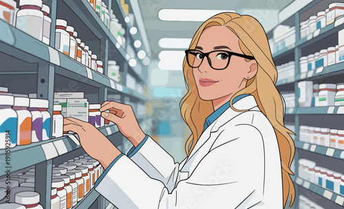 Female Pharmacist Arranging Medications in Pharmacy