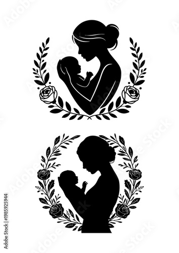 Mother and baby silhouette in floral rose wreath set, Mother's Day vector illustration with mom and infant bond, Black and white silhouette of motherhood with floral frame, Nurturing parent and newbor