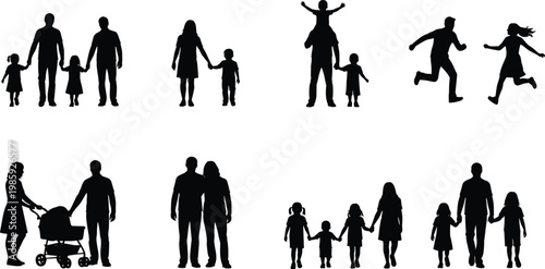 family silhouette, parents, children, people, walking, parenting, love, care, together, happy, lifestyle, vector, illustration, relationship, bonding, childhood, motherhood, fatherhood, kids, support