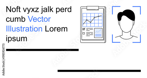 Identity verification, data analysis, business trends, technology, security, monitoring. A clipboard with a chart and a facial recognition icon. Identity verification and data analysis