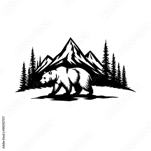 vector illustration of  Bear on the  mountain landscape