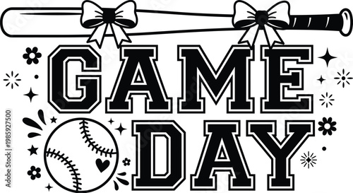 Game Day Bold Varsity Baseball Typography with Decorated Bat Ribbon Bows Baseball with Heart Floral and Sparkle Elements Black Silhouette for Sports Fan Mom T-Shirt and Sublimation Design