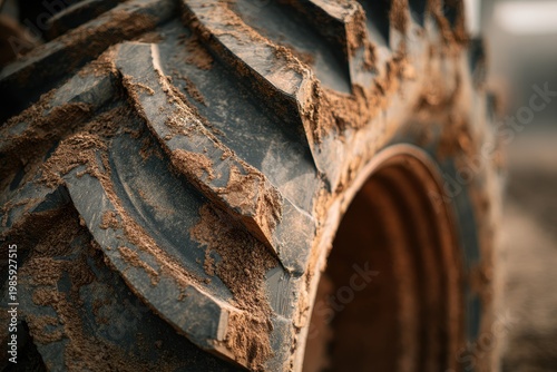 Macro shot of a large agricultural tire showing deep lugs and dirt