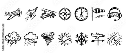 Hand-drawn aviation and weather icons set in a black ink sketch style, featuring various aircraft, pilot gear, and meteorological symbols for forecasting like clouds, sun, and tornado