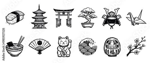 Set of twelve hand-drawn Japanese icons representing traditional culture, including a pagoda, torii gate, bonsai tree, samurai helmet, ramen, and maneki-neko cat in a sketch style