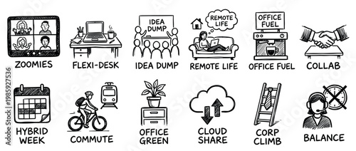 Diverse collection of hand-drawn icons illustrating modern work concepts like remote meetings, flexible desks, idea generation, and work-life balance, presented in a clear doodle style