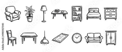 Collection of hand-drawn sketch style home furniture and decor items, including a bed, sofa, armchair, tables, lamps, and storage, presented with a charming artistic flair