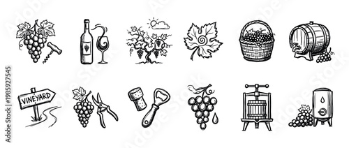 Hand-drawn black and white wine production icons illustrate various elements of winemaking, including grapes, bottles, barrels, presses, and vineyard tools, presented in a rustic sketch style