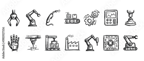 Hand drawn industrial automation technology icons illustrate modern manufacturing processes, showcasing robotics, assembly lines, and advanced engineering concepts in a detailed sketch style