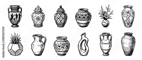 Twelve diverse hand-drawn decorative vases and pots are presented in a charming ink sketch style, showcasing various ancient and modern designs with intricate patterns and textures