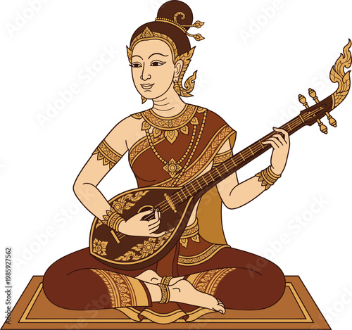 Traditional Thai Musical Performance Illustration Featuring a Woman Playing the Phin Lute for Cultural Heritage, Southeast Asian Tourism, and Artistic Design
