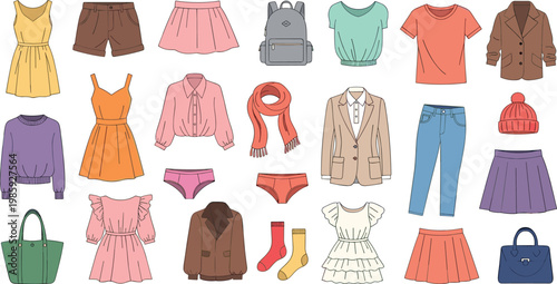 Women fashion outfit vector set with dresses tops jackets skirts bags and accessories clothing illustration collection