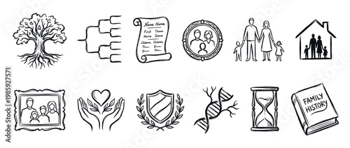 Set of hand-drawn genealogy and family history icons featuring a lineage tree, ancestry chart, DNA, historical book, and portraits in a simple black and white sketch style