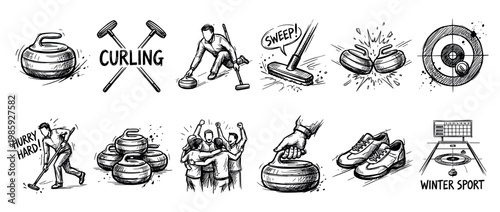 Various hand-drawn curling sport illustrations depicting players, stones, brooms, and game elements in a dynamic, energetic sketch style