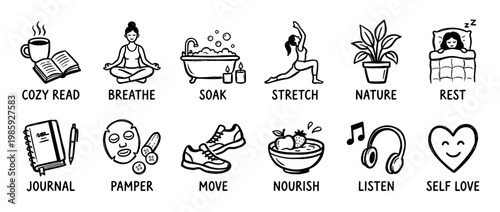 Twelve hand-drawn black and white wellness icons depict essential self-care activities such as meditation, reading, stretching, and nourishing, rendered in a simple, illustrative style