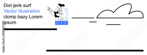 Science, data analysis, cloud computing, abstract design, technology, education visual. A scientist pointing to a concept with a cloud illustration and placeholder text. Science and data analysis
