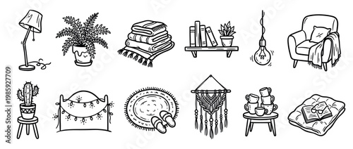 Hand-drawn cozy home interior decor elements set with furniture, plants, and textiles in a black and white doodle sketch style for a comfortable living concept