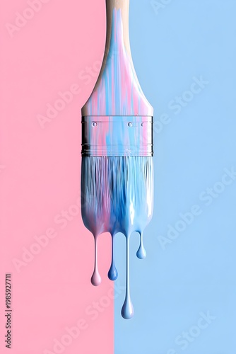 Brush with blue and pink paint drips against a split background