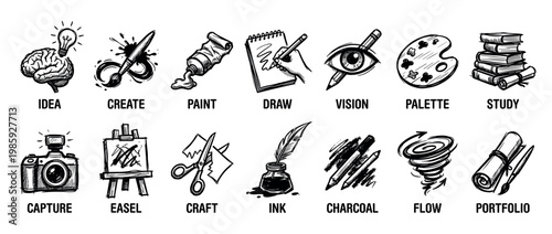 Comprehensive collection of hand-drawn art and creativity icons, depicting various stages of artistic process, from idea generation to portfolio creation, rendered in a bold, illustrative sketch style