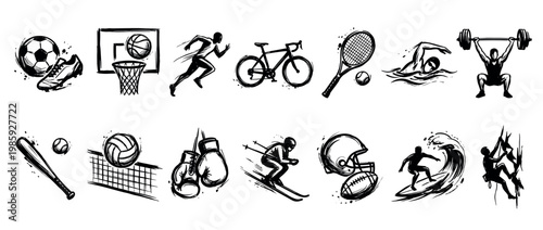 Large set of black ink sport icons featuring various athletic activities like football, basketball, running, and cycling in a dynamic hand-drawn sketch style with brushstrokes