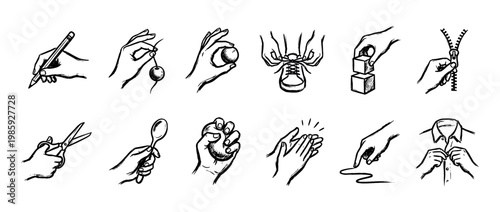 Collection of hand-drawn sketch icons showing various human hand actions like writing, cutting, clapping, tying shoelaces, zipping, and buttoning in a simple doodle style