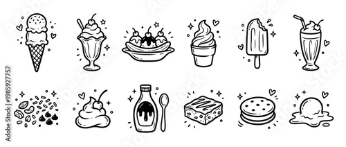 Various hand-drawn sweet dessert treats and snacks are depicted in a charming black and white outline doodle style, showcasing a delightful collection of frozen and baked goods